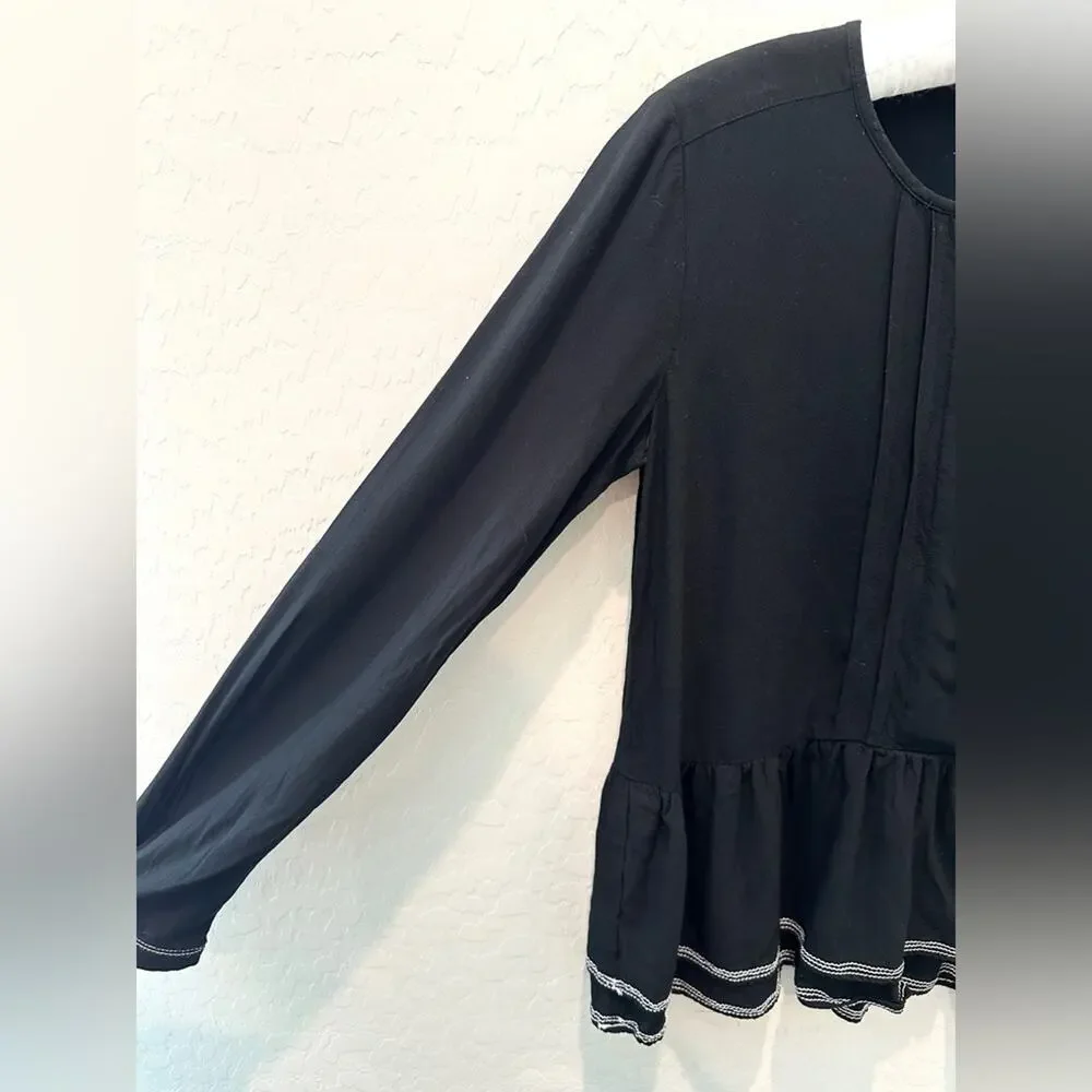 LOFT | Black Long Sleeve Peasant Top Boho Blouse Ruffle Hem Minimalist | XS